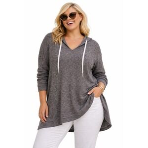 La Blanca Beach Tunic Top Knit Hoodie Sweater Plus 2X Gray Long Pullover NEW